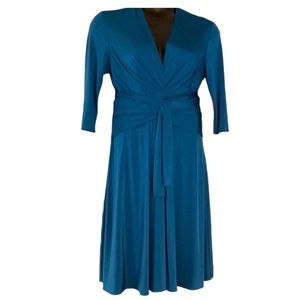 Eliza J Missy Sz 8 Faux Wrap Drapped Midi Dress Dark Teal V Neck Rouched Waist